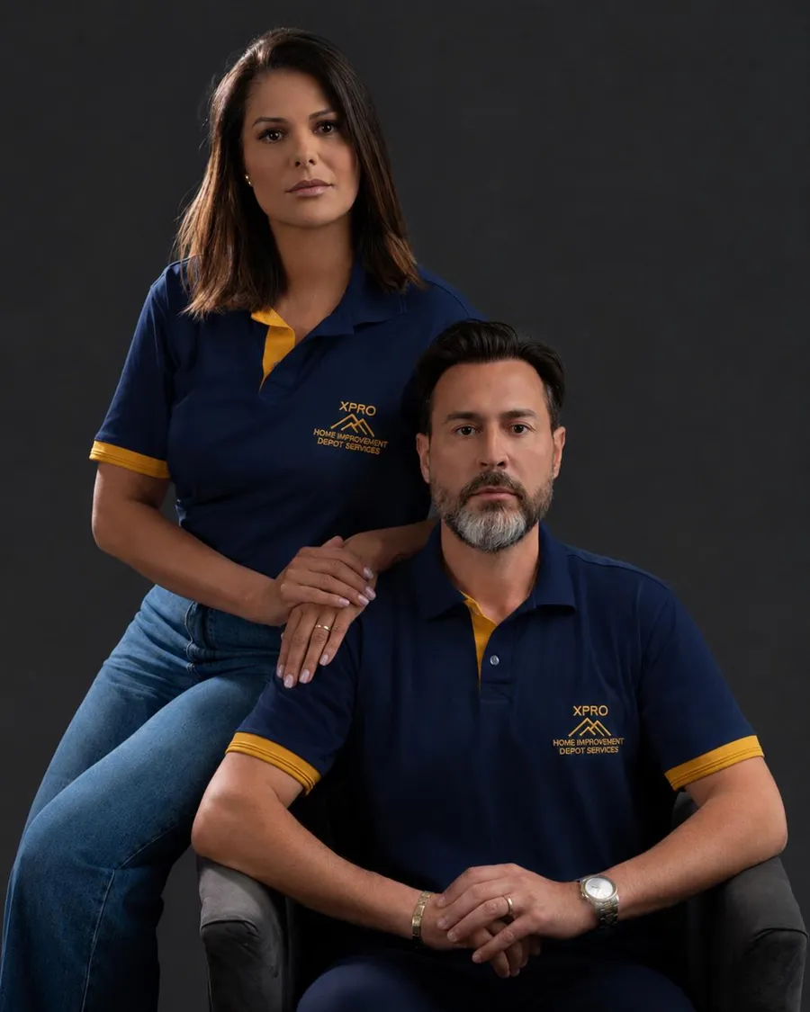 Two members of the XPRO team in navy XPRO polo shirts, studio portrait